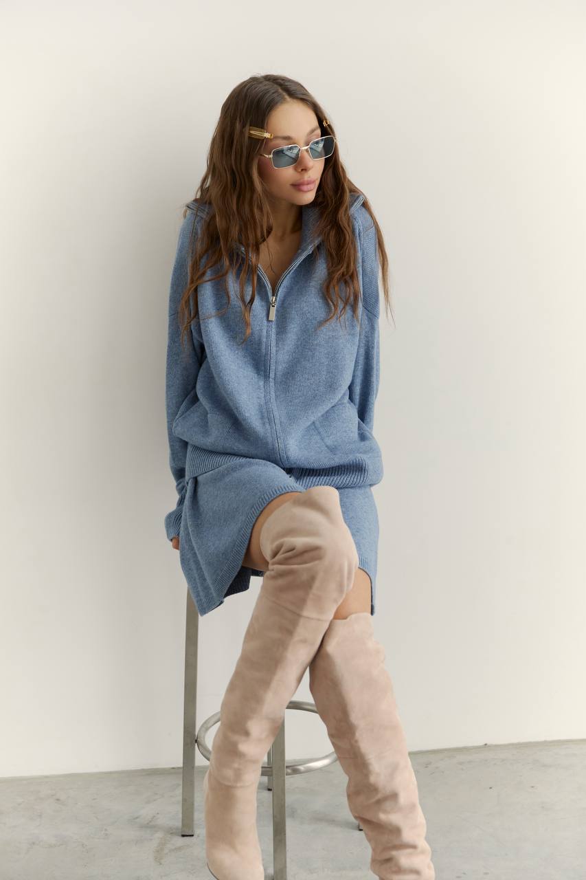 Комплект з вовни ягня кардиган на блискавці і спідниця, джинсовий