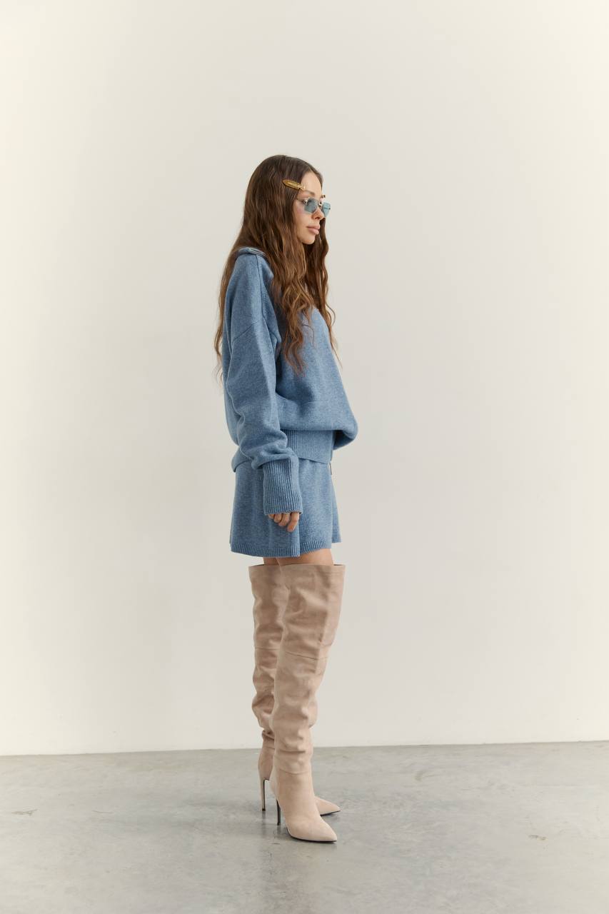 Комплект з вовни ягня кардиган на блискавці і спідниця, джинсовий