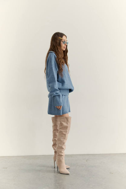 Комплект з вовни ягня кардиган на блискавці і спідниця, джинсовий