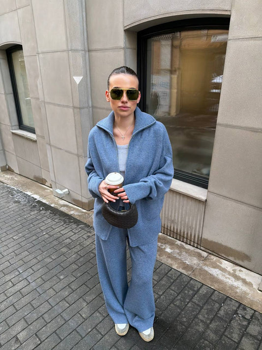 Lambswool zip-up cardigan and denim trousers set