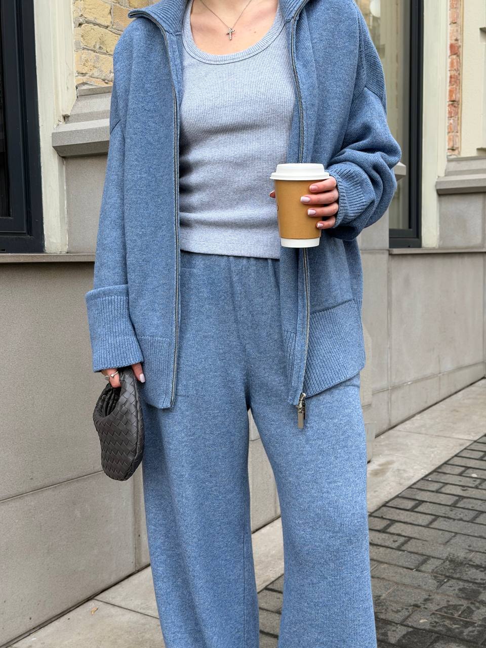 Lambswool zip-up cardigan and denim trousers set
