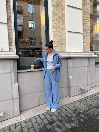 Lambswool zip-up cardigan and denim trousers set