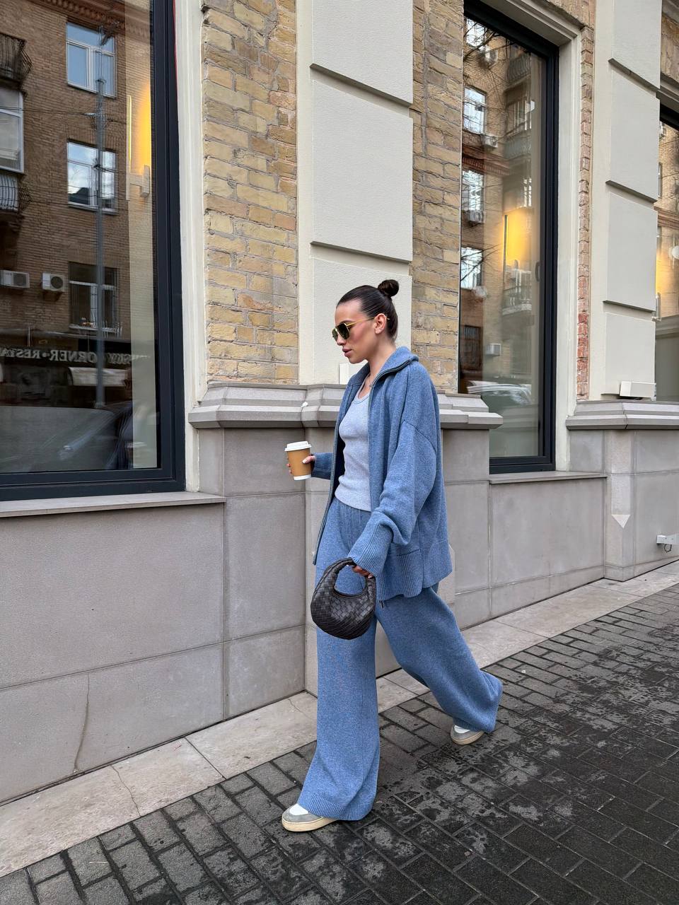 Lambswool zip-up cardigan and denim trousers set