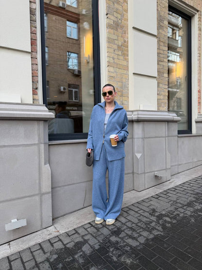 Lambswool zip-up cardigan and denim trousers set