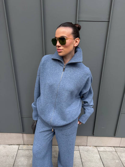 Lambswool zip-up cardigan and denim trousers set