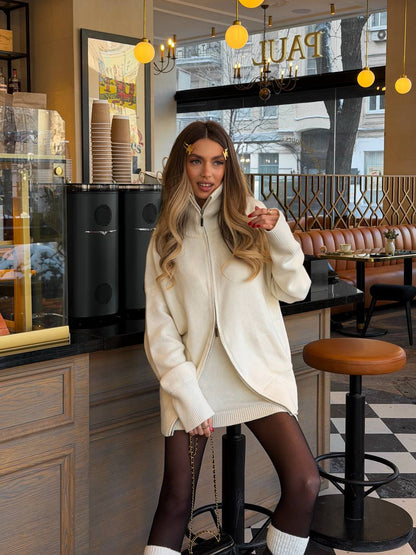 Комплект з вовни ягня кардиган на блискавці і спідниця, молочний