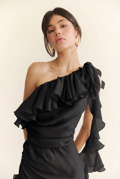 Сукня з шифону на одне плече асиметрична, чорний