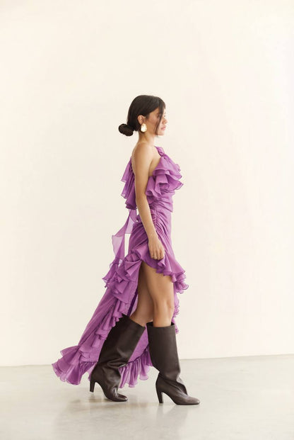 Асиметрична сукня з шифону на одне плече, фіолетовий