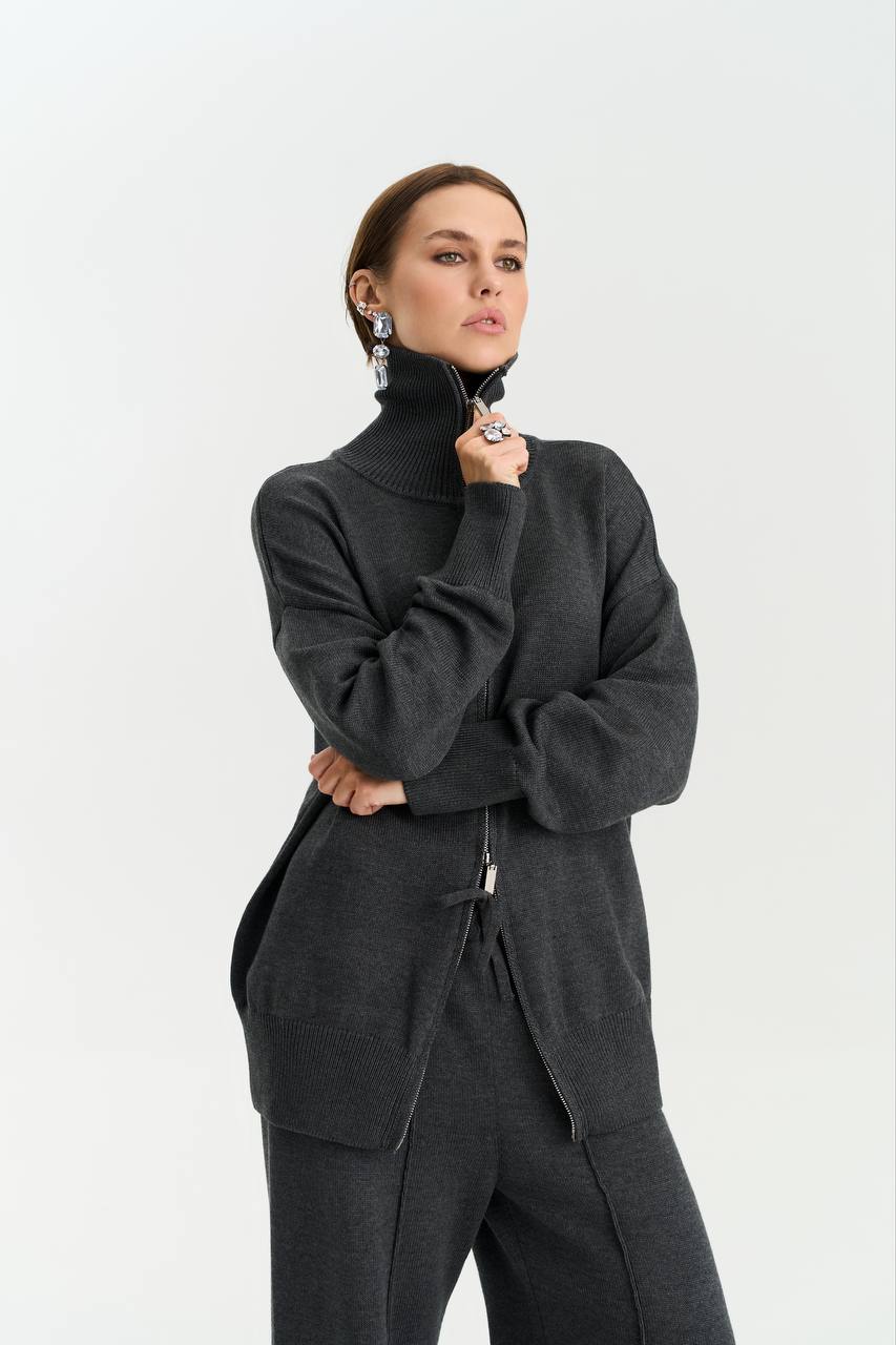 Комплект з бавовни кардиган на блискавці і брюки, графітовий
