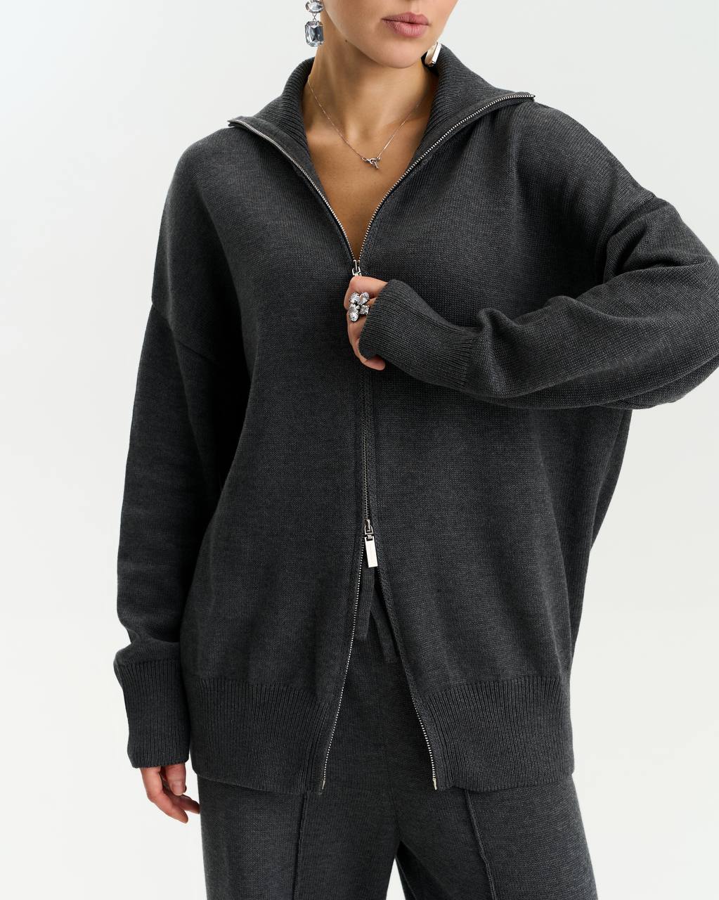 Комплект з бавовни кардиган на блискавці і брюки, графітовий