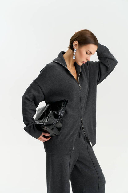 Комплект з бавовни кардиган на блискавці і брюки, графітовий