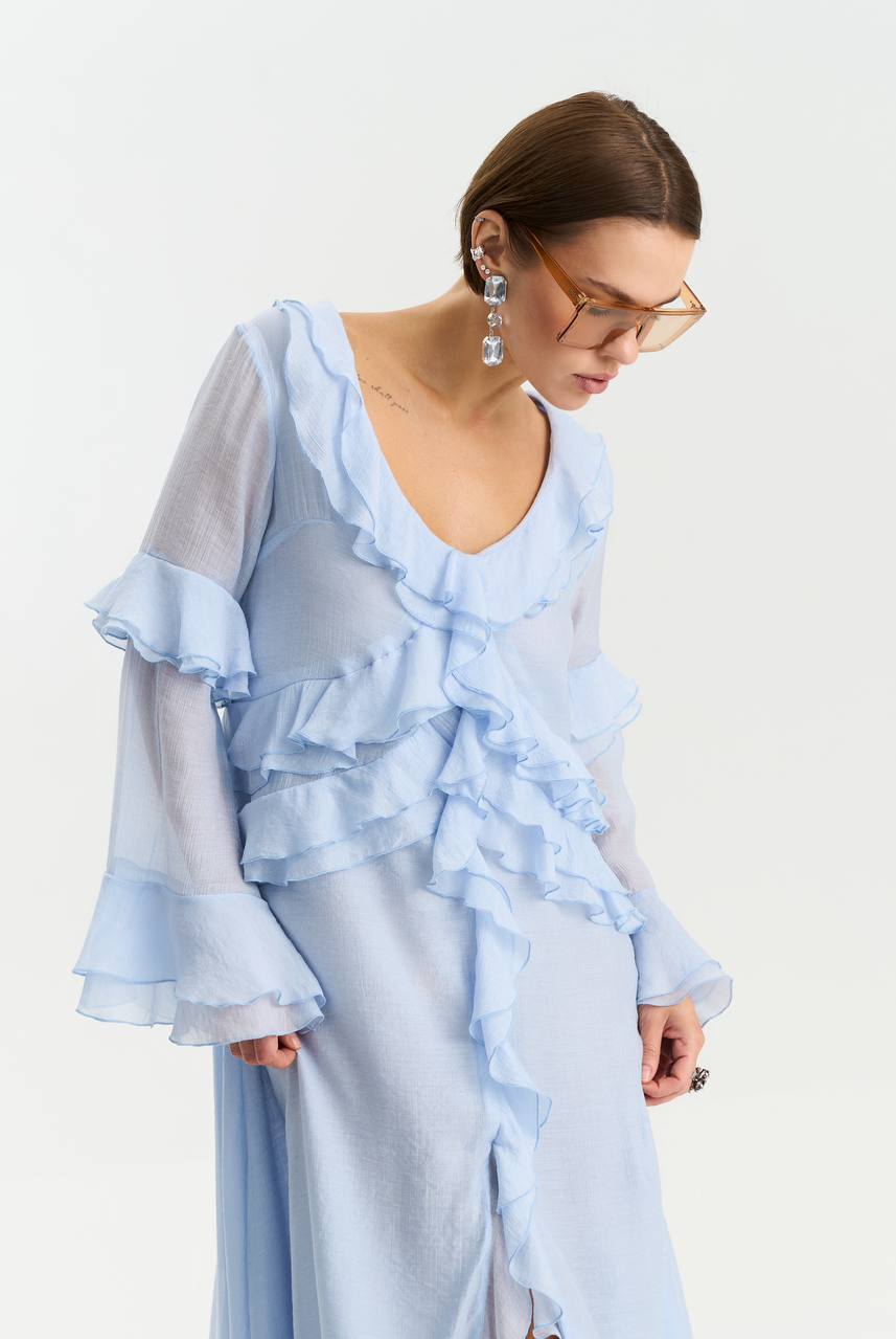 Сукня з шифону з довгим рукавом, ніжно-блакитний