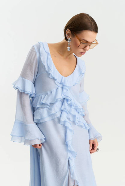 Сукня з шифону з довгим рукавом, ніжно-блакитний