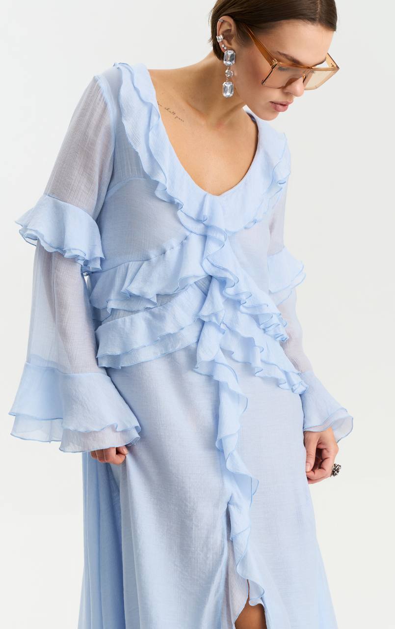 Сукня з шифону з довгим рукавом, ніжно-блакитний