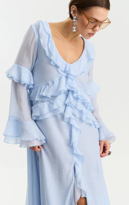 Сукня з шифону з довгим рукавом, ніжно-блакитний