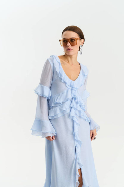 Сукня з шифону з довгим рукавом, ніжно-блакитний