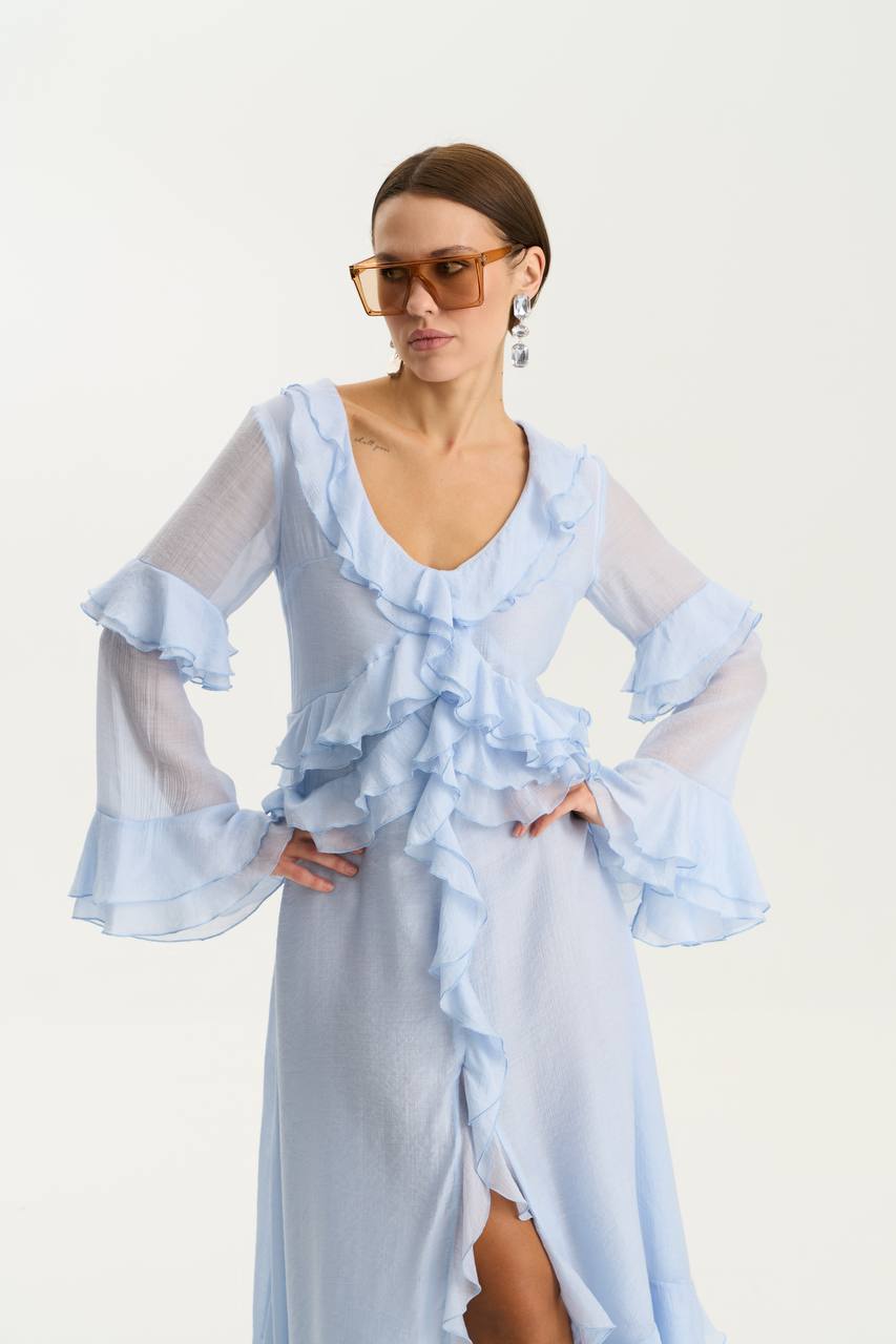 Сукня з шифону з довгим рукавом, ніжно-блакитний