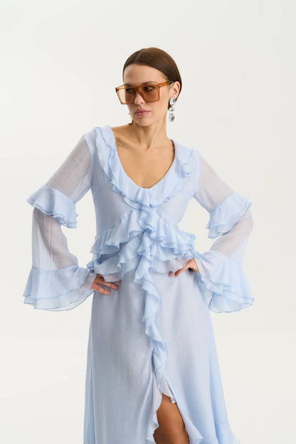 Сукня з шифону з довгим рукавом, ніжно-блакитний