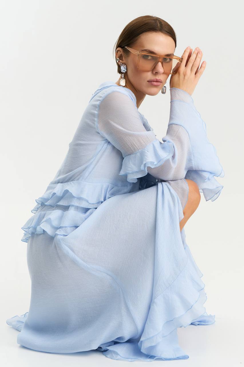 Сукня з шифону з довгим рукавом, ніжно-блакитний