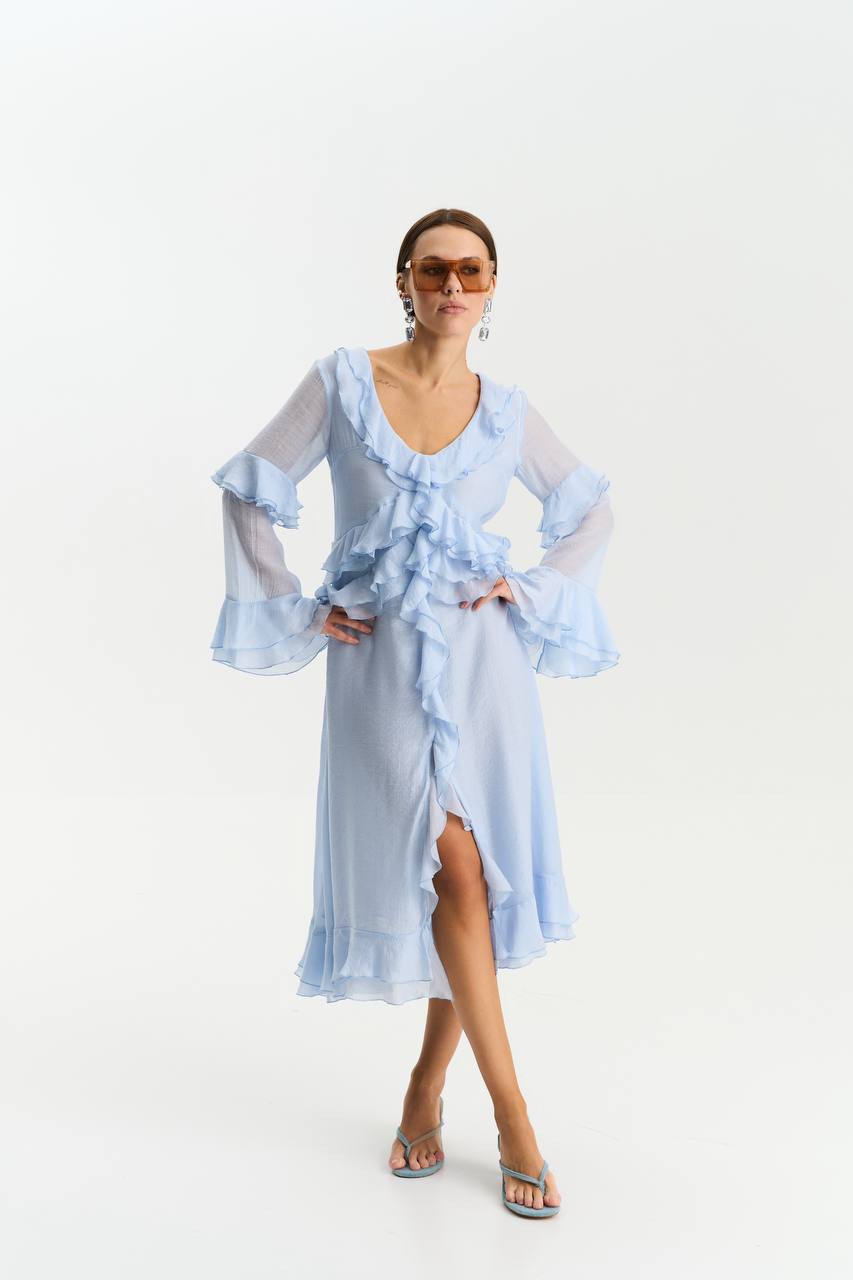 Сукня з шифону з довгим рукавом, ніжно-блакитний