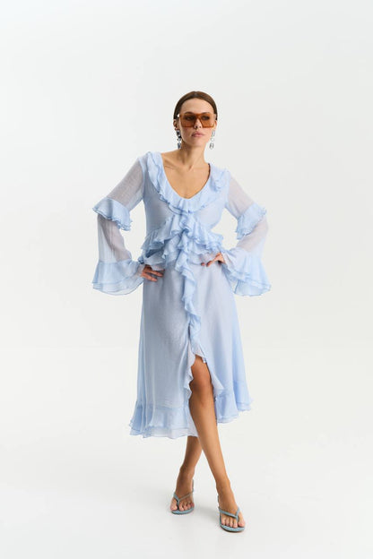 Сукня з шифону з довгим рукавом, ніжно-блакитний
