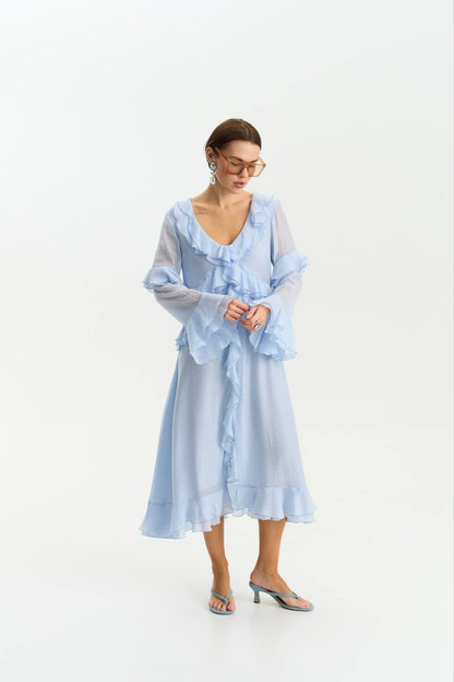 Сукня з шифону з довгим рукавом, ніжно-блакитний