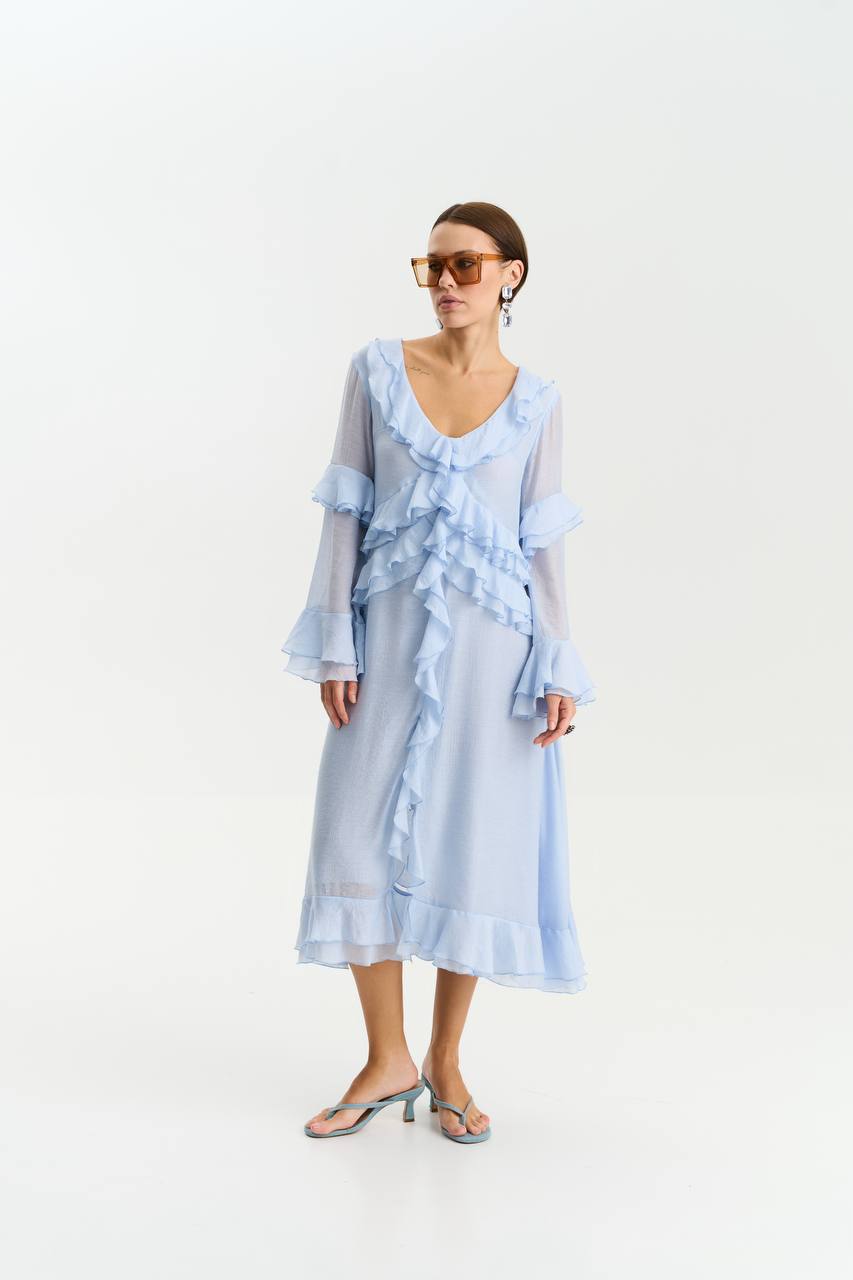 Сукня з шифону з довгим рукавом, ніжно-блакитний