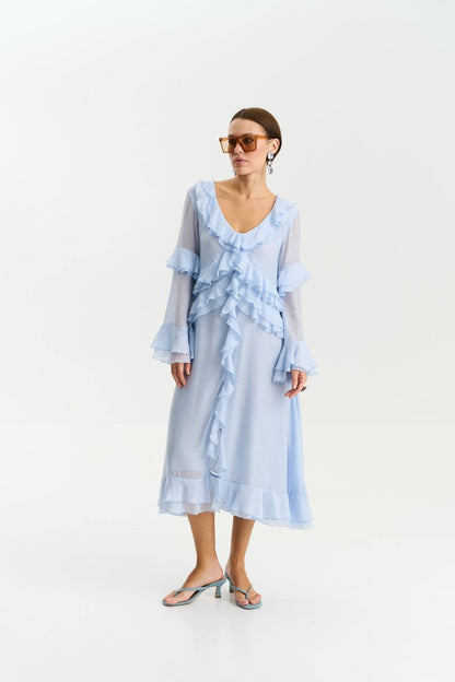 Сукня з шифону з довгим рукавом, ніжно-блакитний