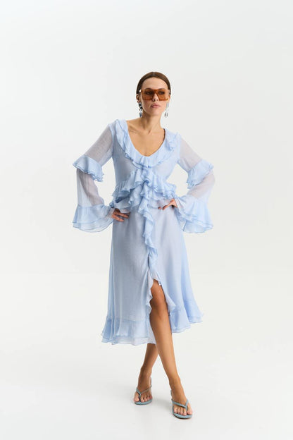 Сукня з шифону з довгим рукавом, ніжно-блакитний