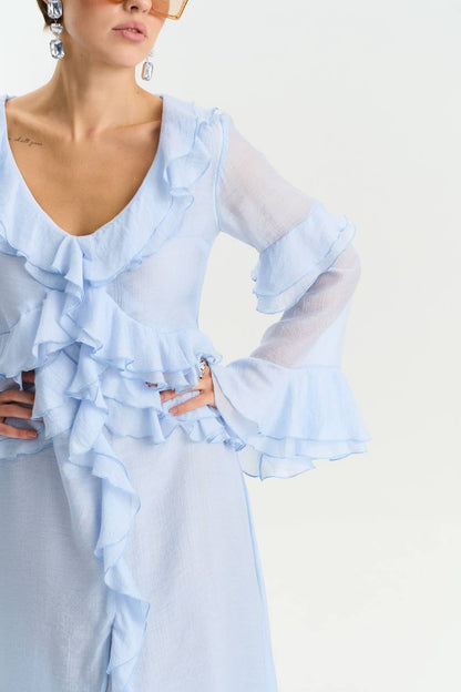 Сукня з шифону з довгим рукавом, ніжно-блакитний
