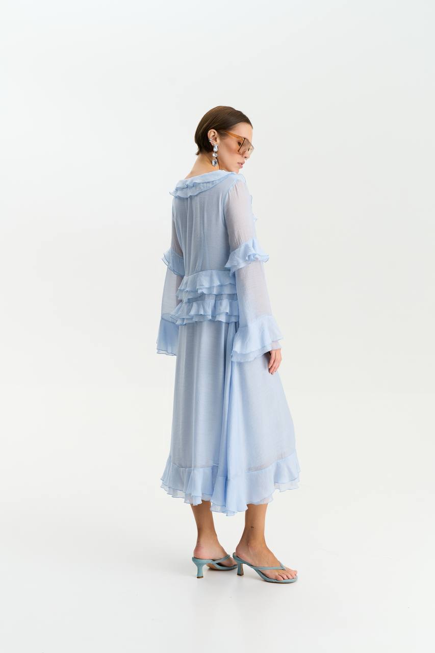 Сукня з шифону з довгим рукавом, ніжно-блакитний