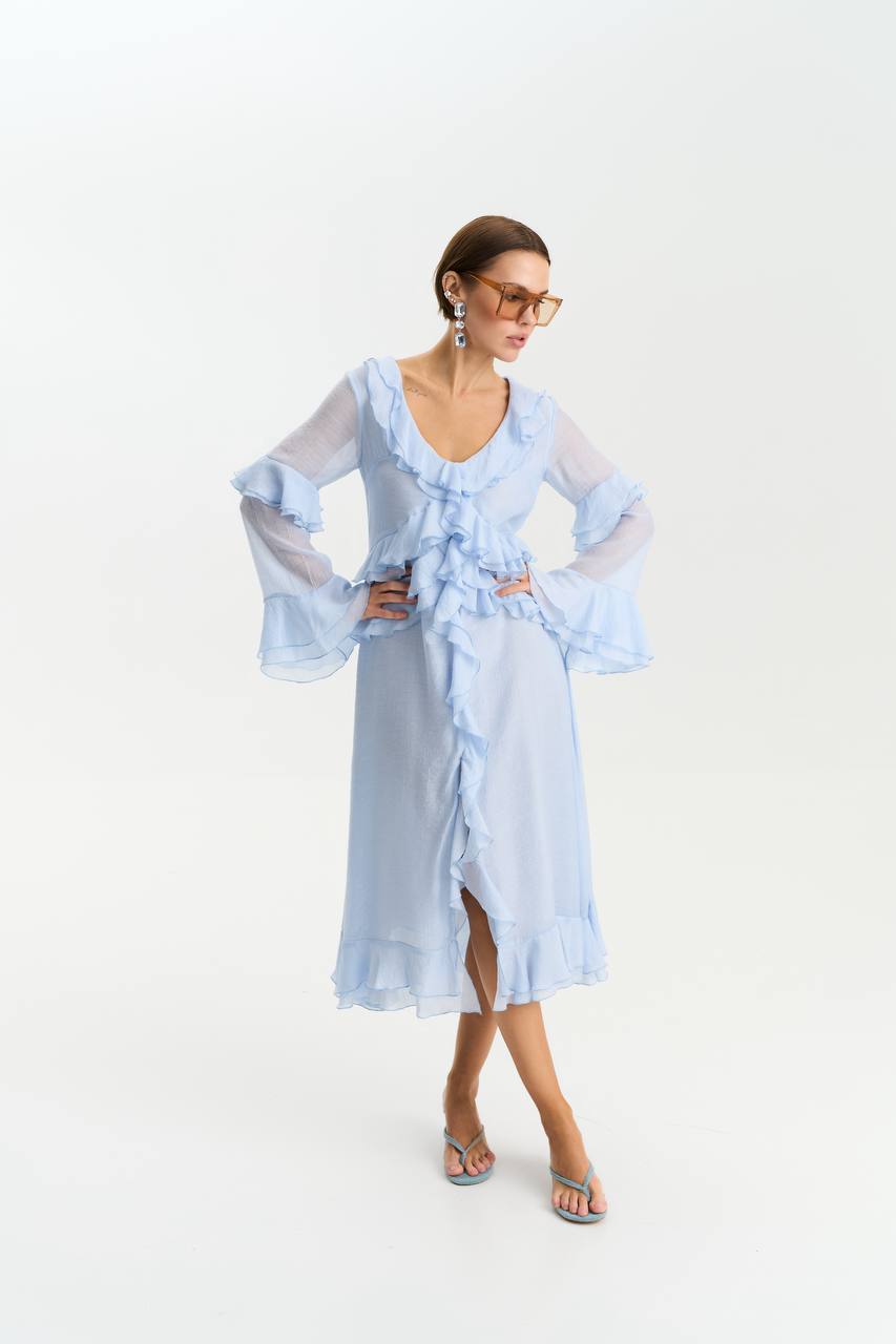 Сукня з шифону з довгим рукавом, ніжно-блакитний
