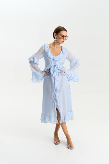 Сукня з шифону з довгим рукавом, ніжно-блакитний