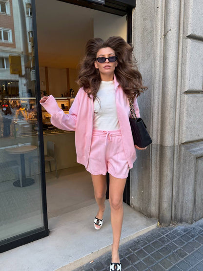 Комплект з бавовни кардиган на блискавці і шорти, рожевий