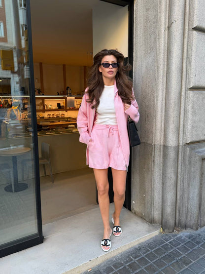 Комплект з бавовни кардиган на блискавці і шорти, рожевий