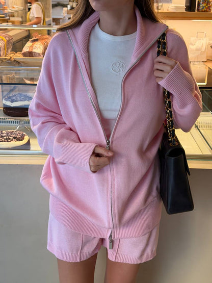 Комплект з бавовни кардиган на блискавці і шорти, рожевий