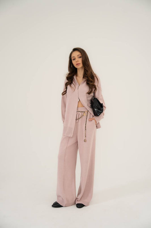 Комплект з бавовни кардиган на блискавці і брюки, пудровий