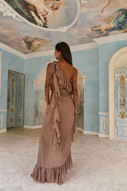 Long-sleeved chiffon dress, caramel